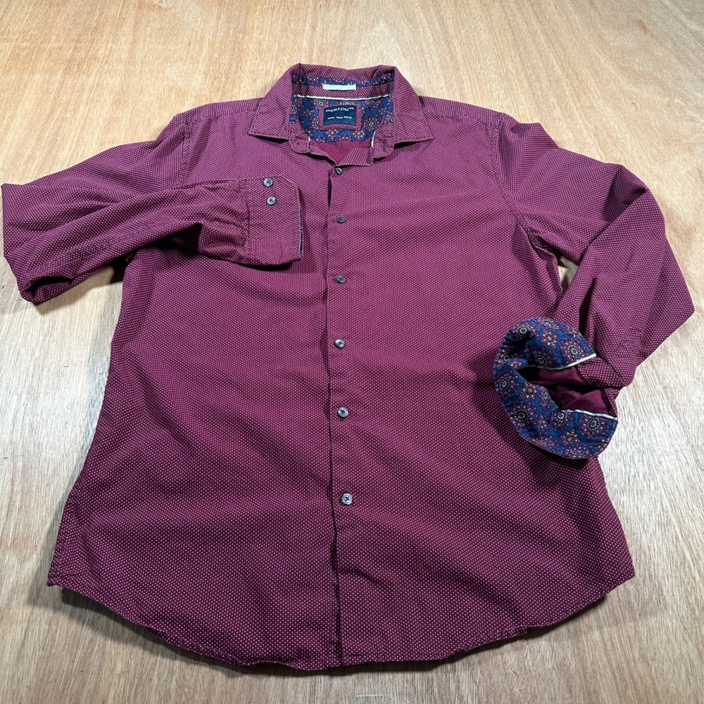 Denim & Flower Button Down Mens Medium Burgundy Polka Dot Floral Trim Cotton